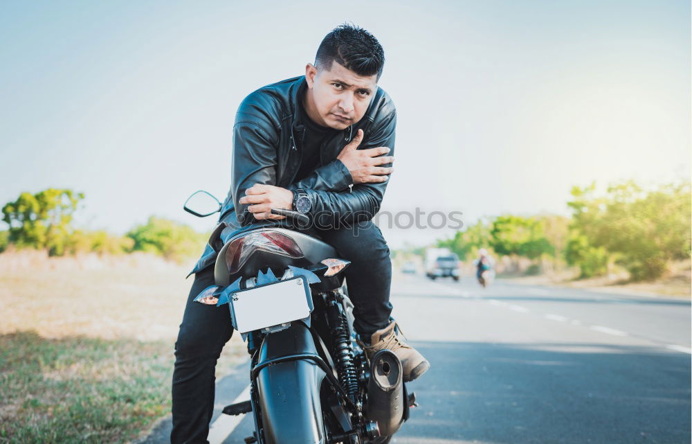 Similar – Image, Stock Photo Biker taking motorbike to the garage