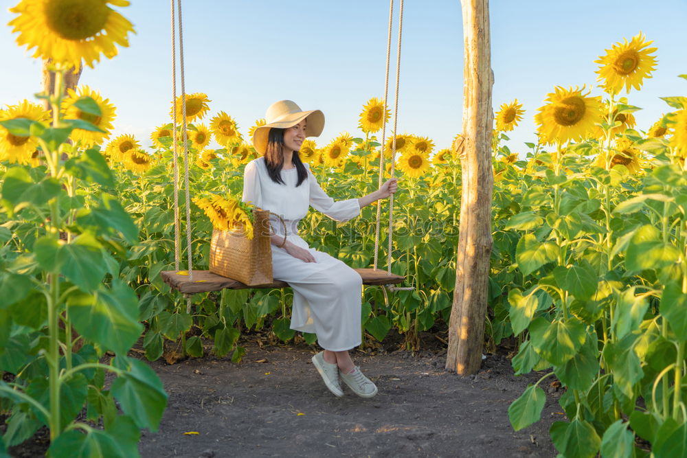 Similar – Image, Stock Photo Happy young black woman walking in a sunflower field