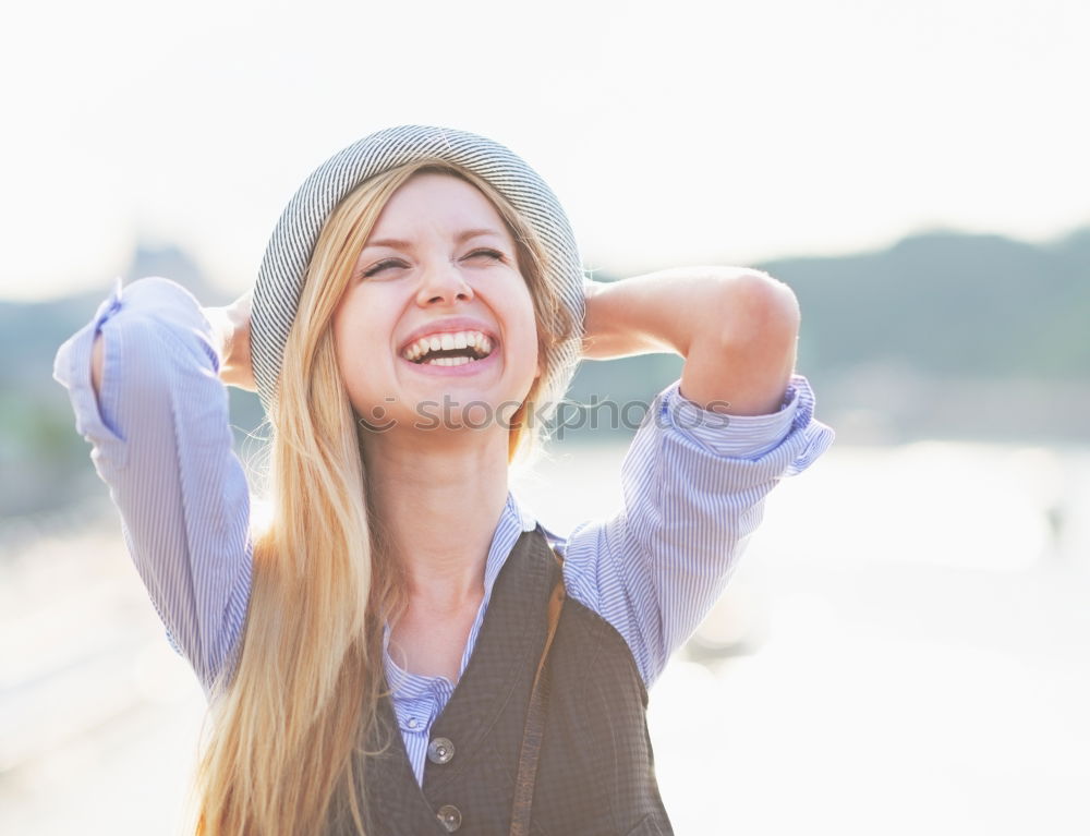 Image, Stock Photo Happy woman with a lovely smile turning to the camera