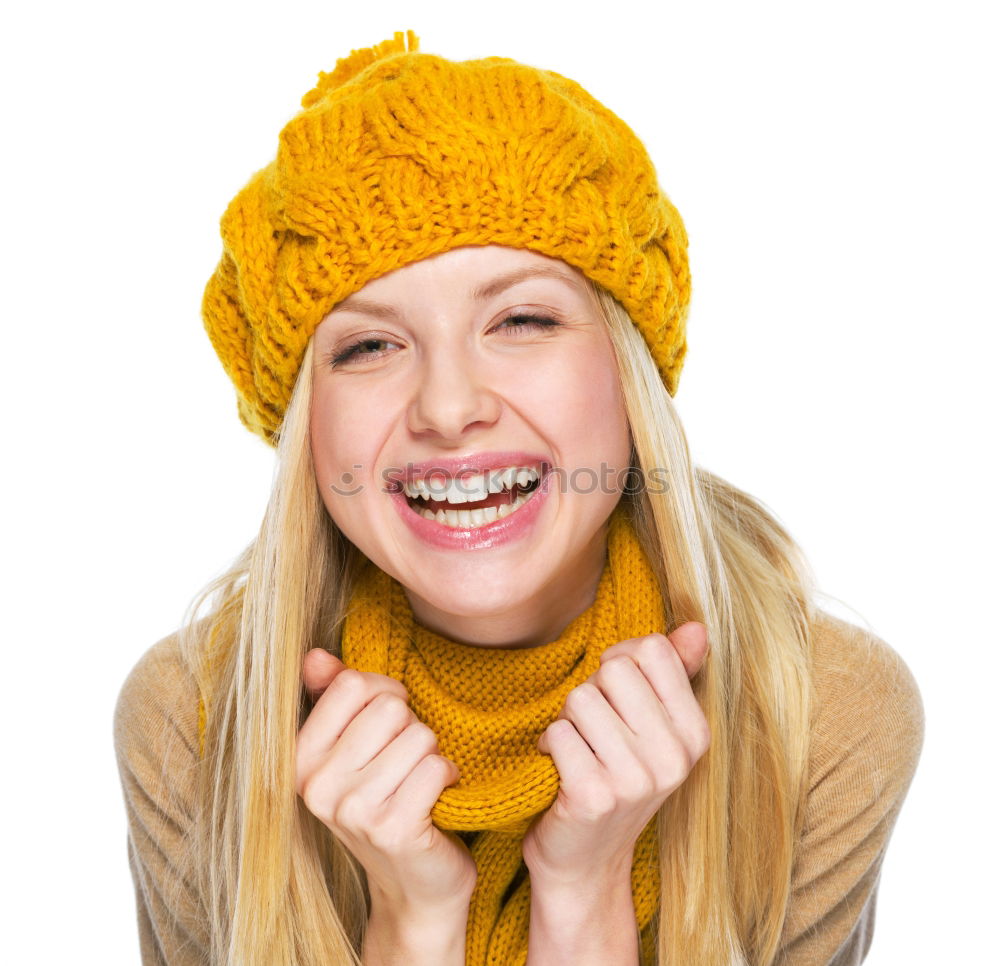 Similar – Image, Stock Photo Happy autumn or winter girl covering face with wool cap