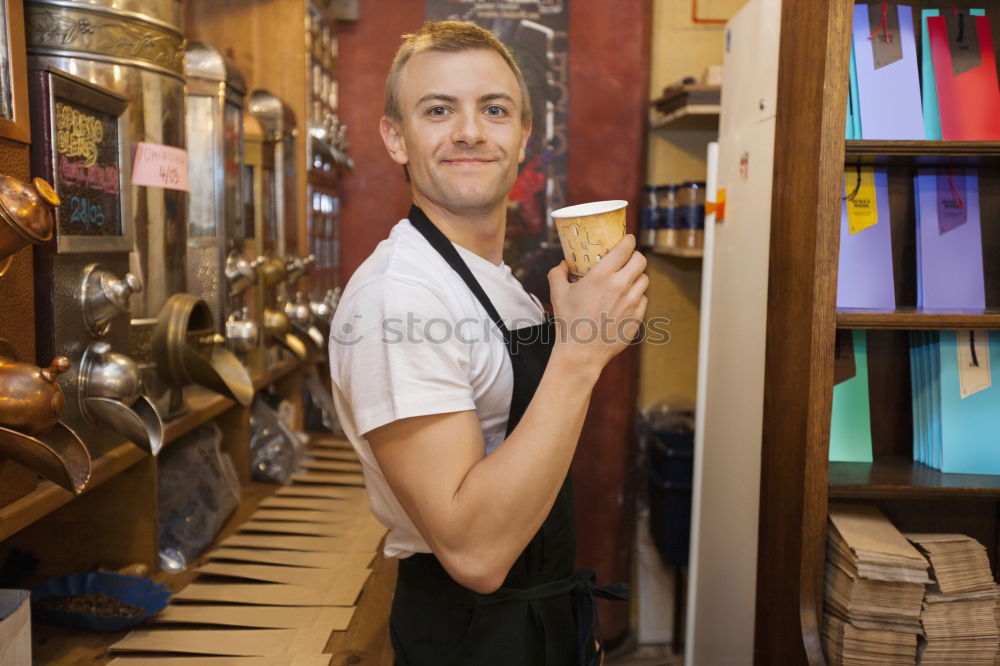 Similar – Image, Stock Photo smiling Barista girl in a coffee shop