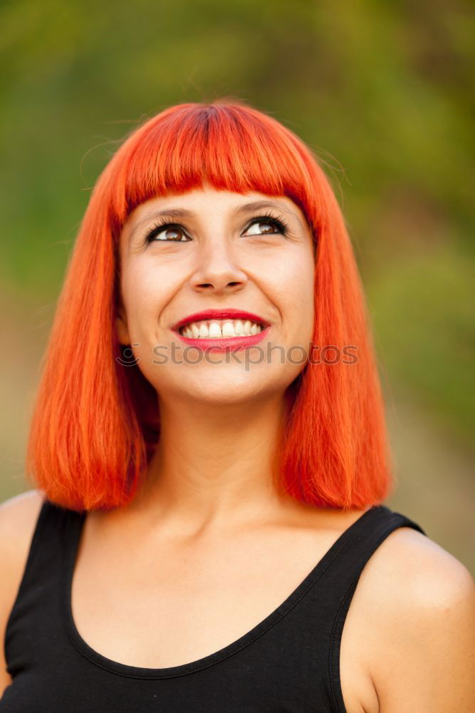 Similar – Image, Stock Photo Red haired woman with red checkered dress