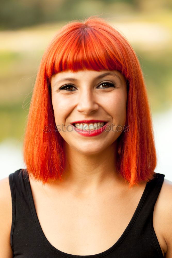 Similar – Image, Stock Photo Red haired woman with red checkered dress