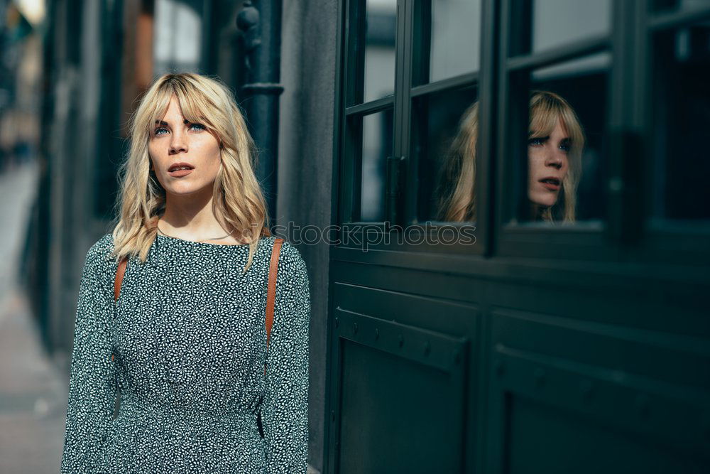 Image, Stock Photo Beautiful girl with blue eyes wearing dress standing outdoors.
