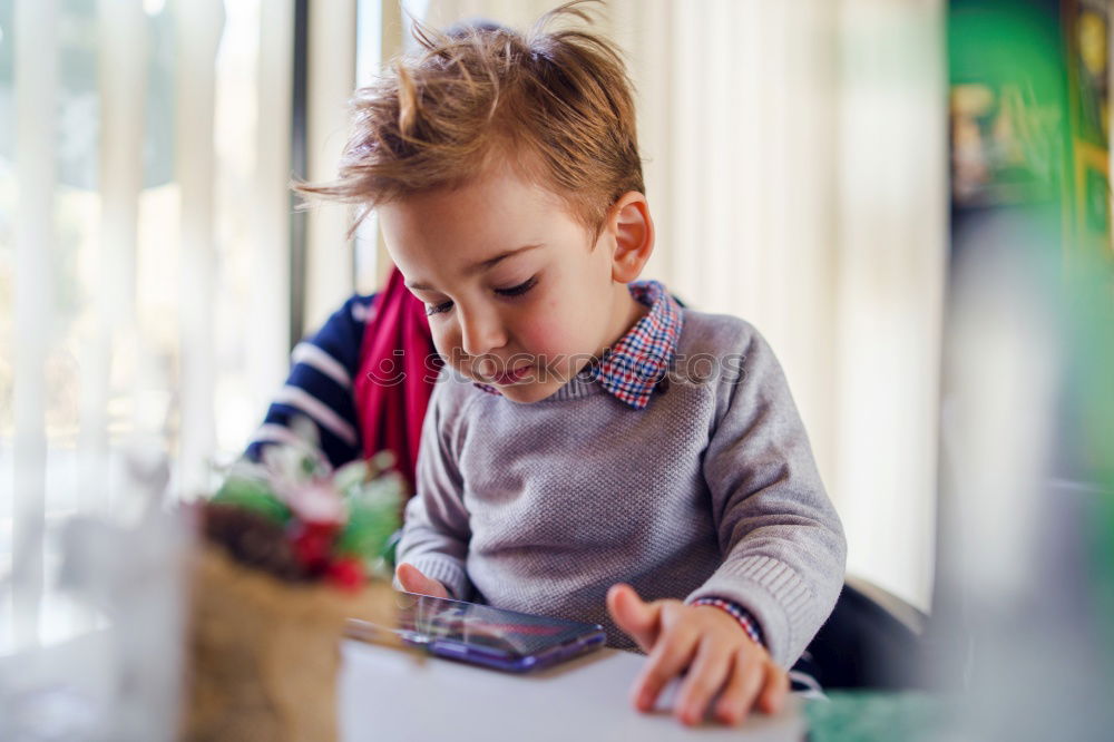 Image, Stock Photo Little kid on Christmas day on the bed with a gift