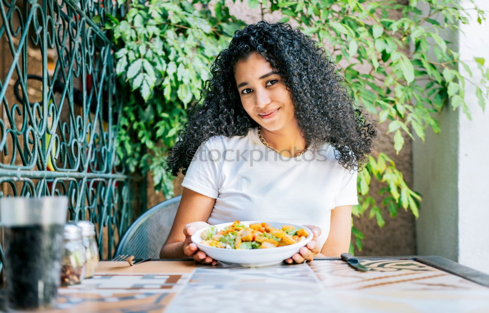 Similar – Image, Stock Photo girl in vegetarian cafe with wrap and smoothie