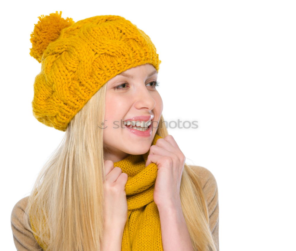 Similar – Image, Stock Photo Happy autumn or winter girl covering face with wool cap