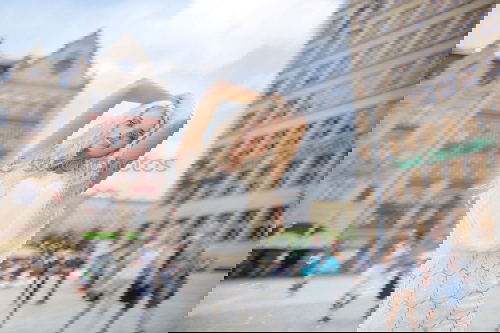Similar – Image, Stock Photo Funny young blonde woman standing on urban background.