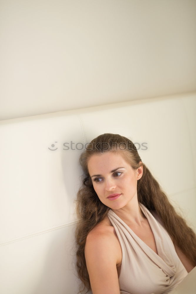 Image, Stock Photo young redheaded woman stands in front of a white door and smiles