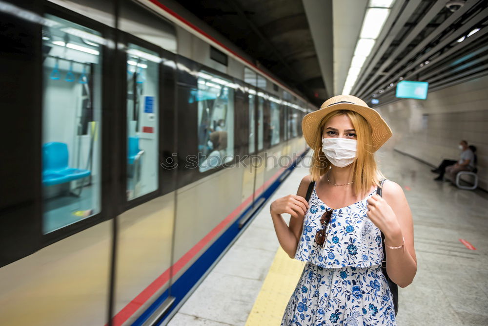 Image, Stock Photo Young woman with face mask and dog traveling by train.Train travel during pandemic