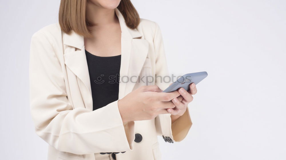 Image, Stock Photo Happy young woman on the tablet by the wall