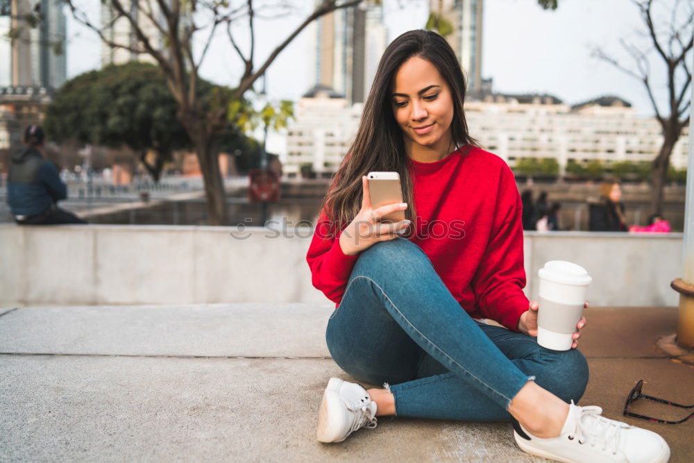 Similar – Image, Stock Photo Happy young woman with her mobile on the street