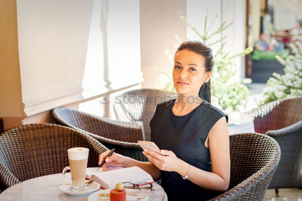 Similar – Image, Stock Photo Smiling blond woman sitting in a bar with a cappuccino