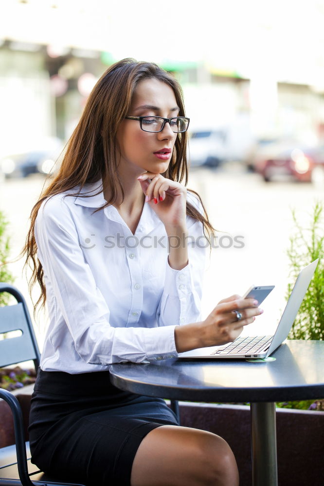 Similar – Image, Stock Photo Young beautiful woman with laptop , smartphone and coffee in a Restaurant