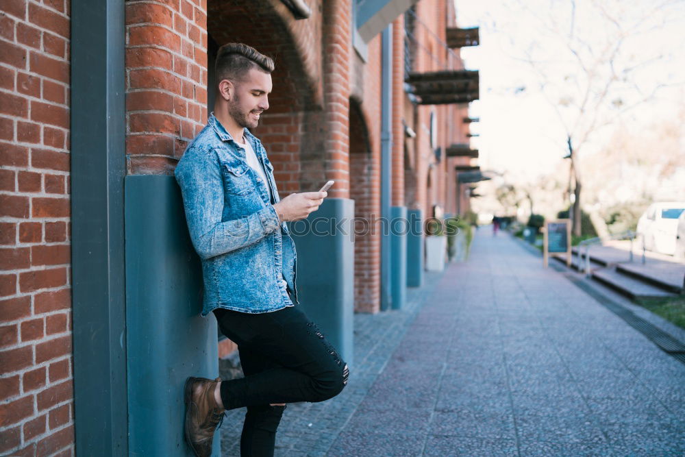 Similar – portrait of a happy man use his phone in the market