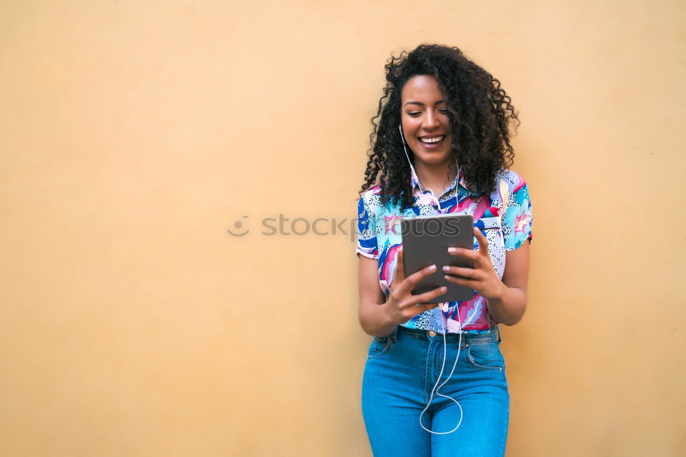 Similar – Image, Stock Photo Happy Arab girl listening to music and dancing