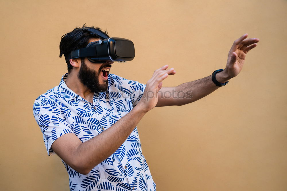 Image, Stock Photo woman playing with VR-headset glasses.