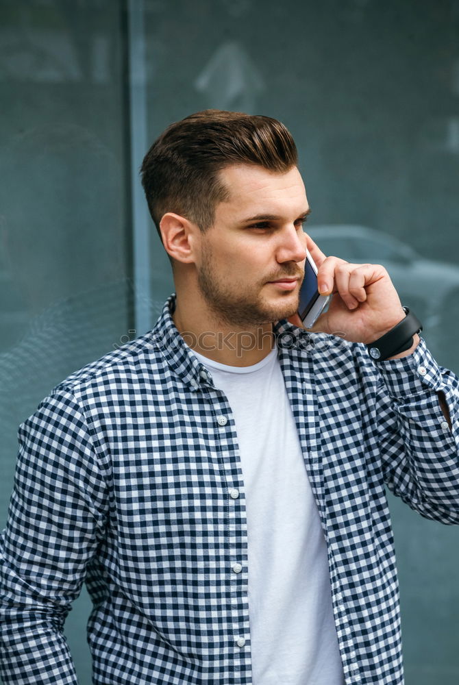 Similar – Image, Stock Photo Young bearded man on blinds with arms crossed