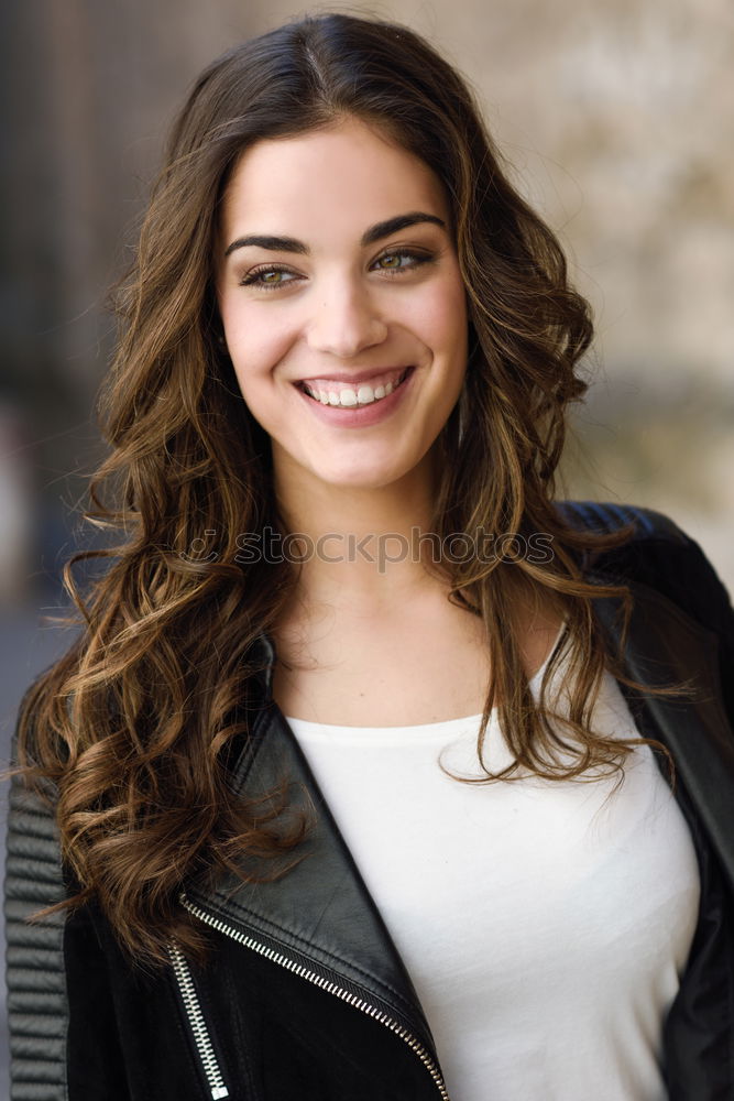 Image, Stock Photo Portrait of young woman smiling in urban background