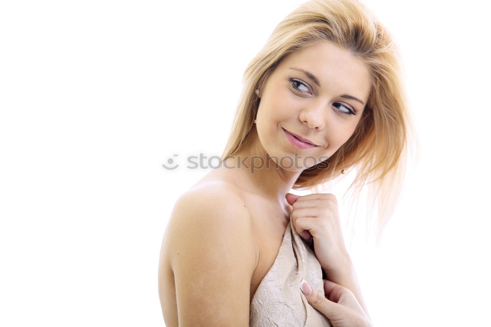 Similar – Young smiling blond woman leaning against wall