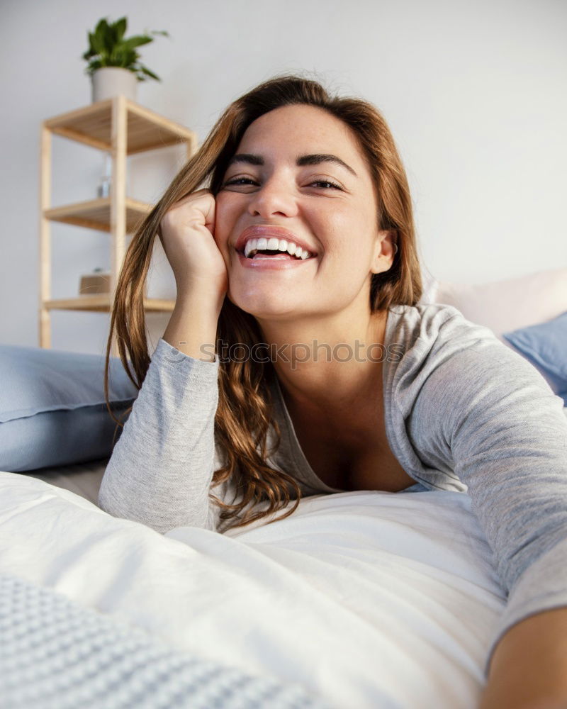 Similar – Image, Stock Photo Beautiful girl sitting in bed in white linens