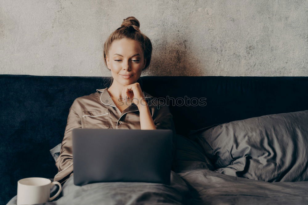 Similar – Image, Stock Photo beautiful black woman on bed with laptop and cup of coffee