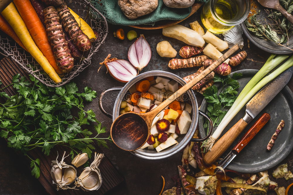 Similar – Image, Stock Photo Fresh vegetables, spices and black frying pan for cooking meals