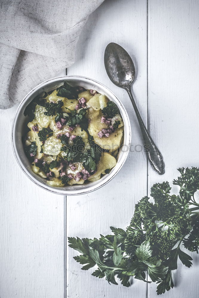 Similar – Image, Stock Photo Pan with gnocchi, spinach and vegetables