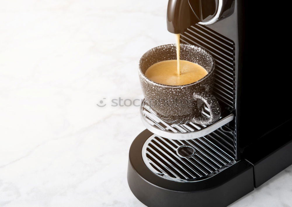 Similar – Glass coffeepot, white porcelain filter, light brown filter paper and dark brown continuous bubble forming coffee, apple, egg in wooden egg cup, white cup, corn waffles, white table in front of grey wall in the morning light.