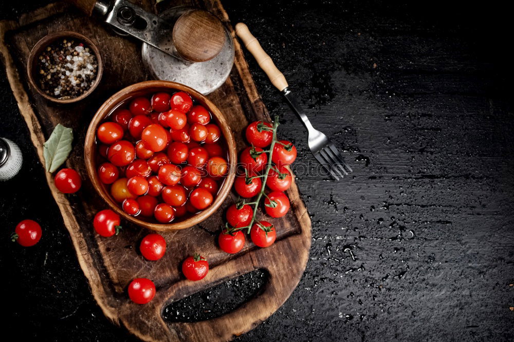 Image, Stock Photo two raw eggs in eggshell, fresh red cherry tomatoes