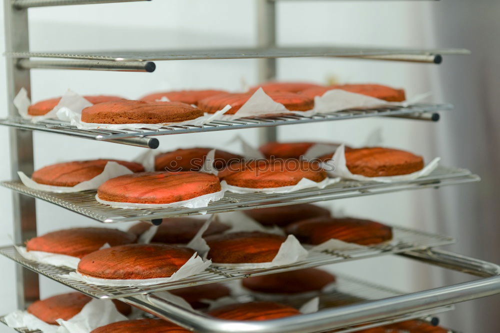 Similar – Fresh loaves of bread on tray racks. Bread bun on bakery shelves