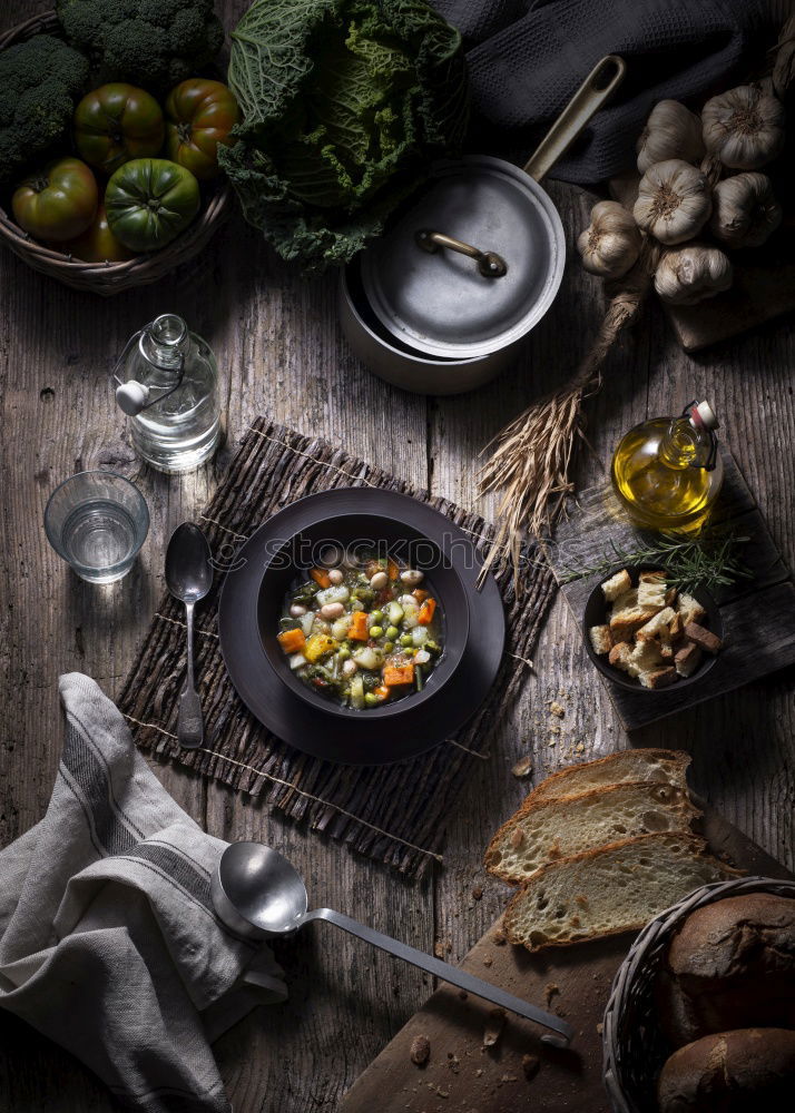 Similar – Image, Stock Photo Asian food concept with homemade dumplings on plates and in steamer, fine shiitake, traditional sauces and crockery. White kitchen cloth on grey concrete background. Top view