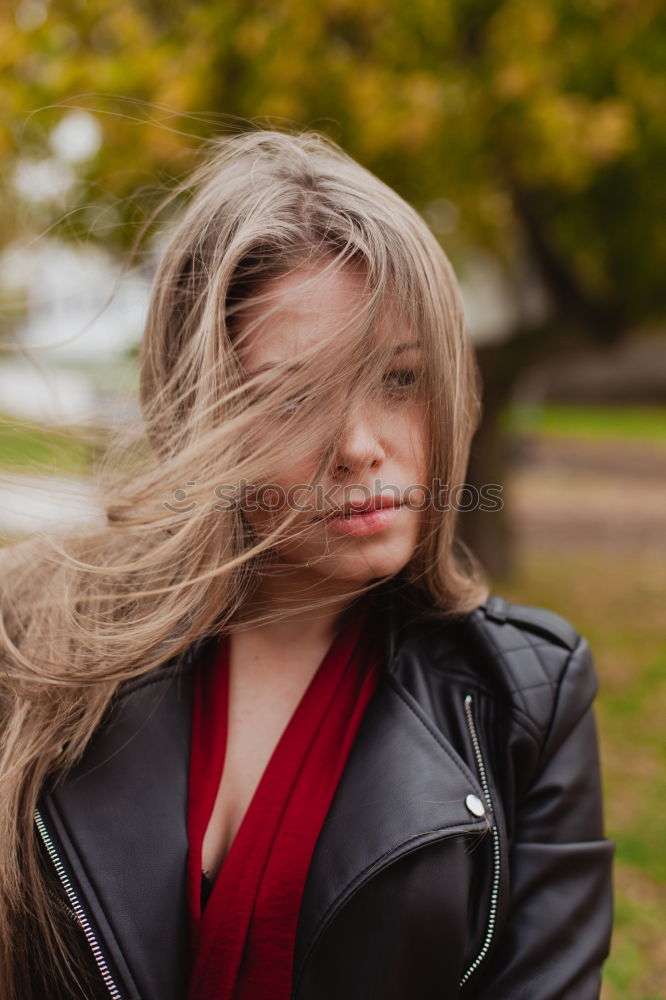 Image, Stock Photo Pretty blonde girl with leather jacket in the street