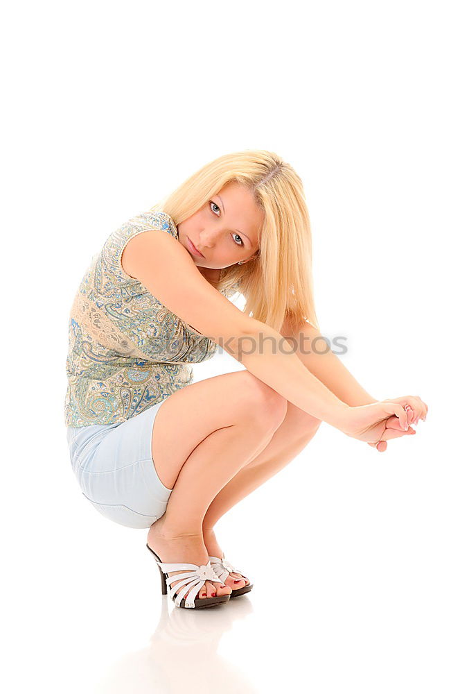 Similar – Image, Stock Photo Full body portrait of a young woman in sneakers sitting on a plank floor