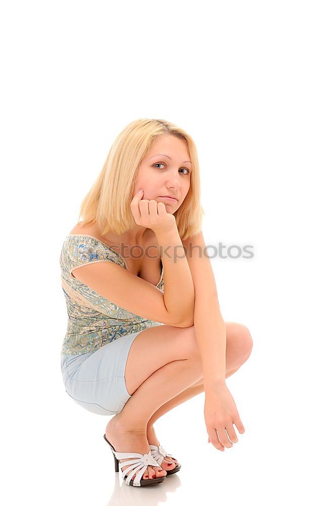 Similar – Image, Stock Photo Full body portrait of a young woman in sneakers sitting on a plank floor