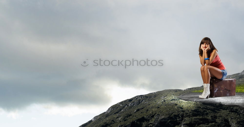 Similar – Image, Stock Photo Young woman conteplating the landscape from a rocky mountain in Galicia