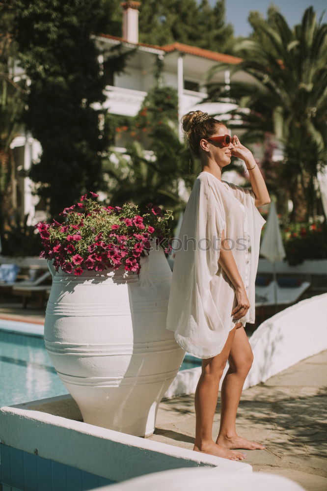 Image, Stock Photo Senior old woman grey hair sitting by the swimming pool