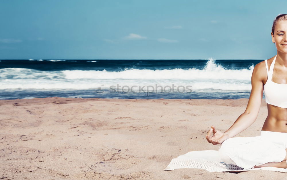 Similar – Image, Stock Photo Caucasian blonde woman practicing yoga in the beach