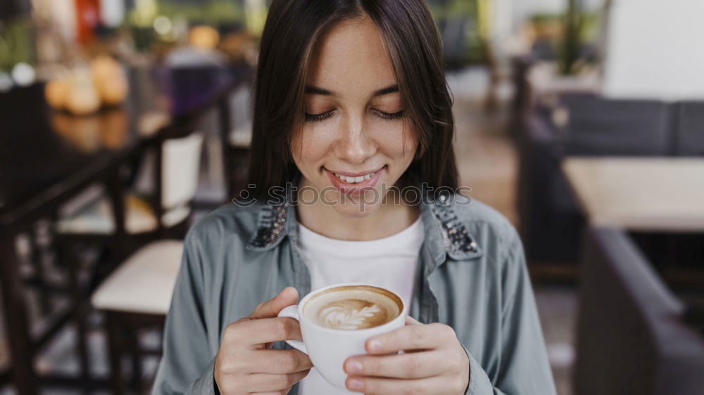 Image, Stock Photo Young brunette woman leaving a coffee bar