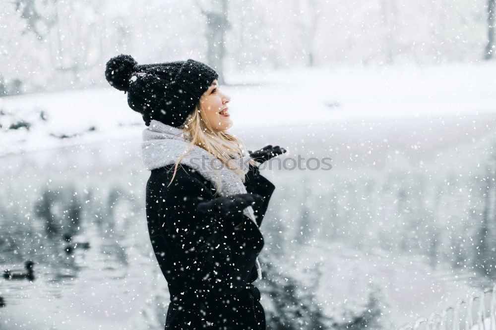 Similar – Beautiful blonde girl, walking through winter forest