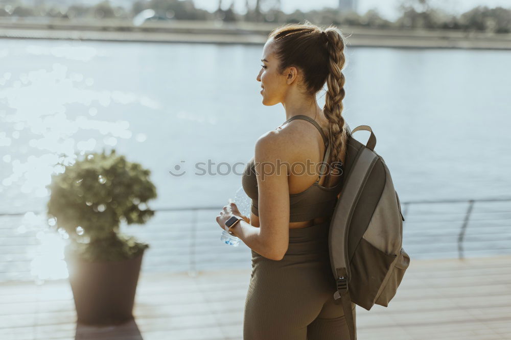 Similar – Image, Stock Photo close up portrait of a woman doing sport resting outdoor smiling and listening music