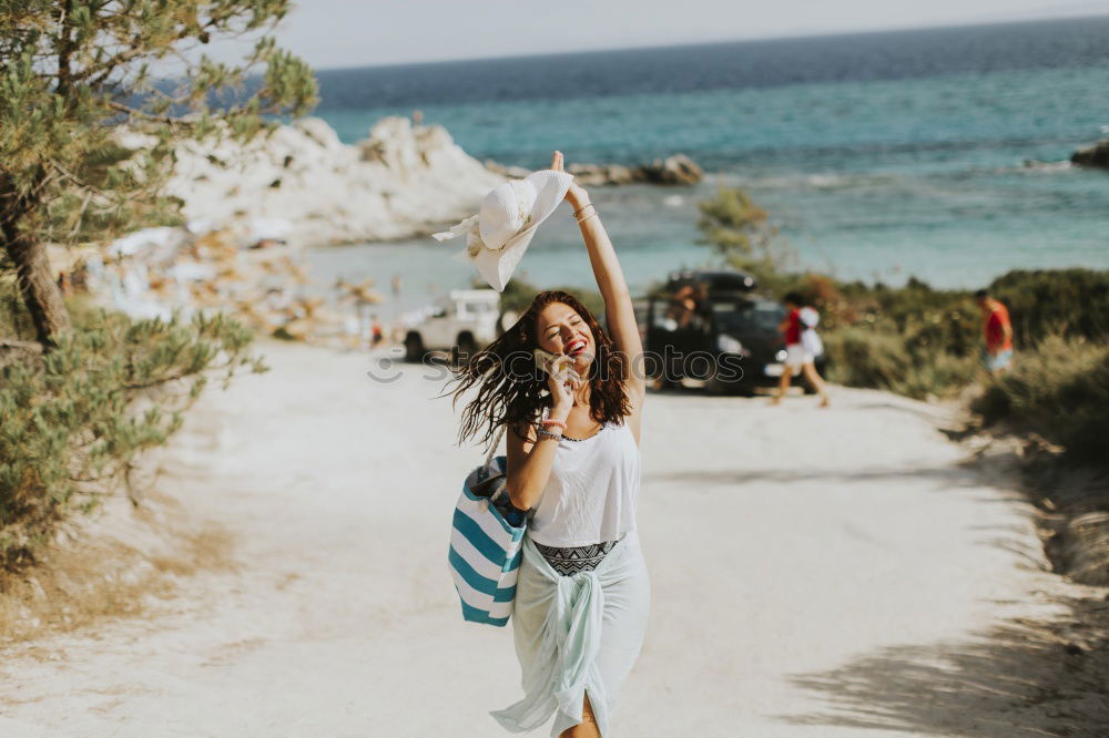 Similar – Image, Stock Photo Woman posing in nature with a lake in the background