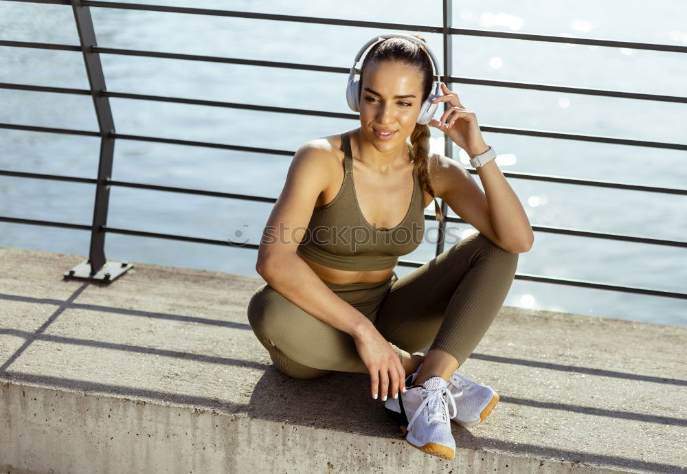 Image, Stock Photo close up portrait of a woman doing sport resting outdoor smiling and listening music