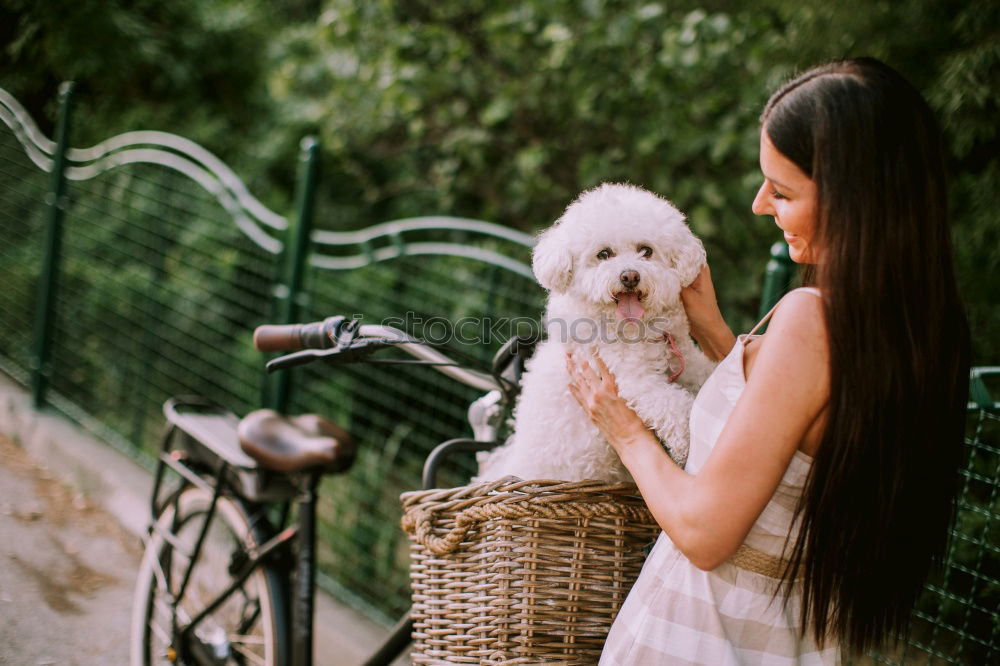 Similar – young woman with her dog at the park. she is kissing the dog. autumn season