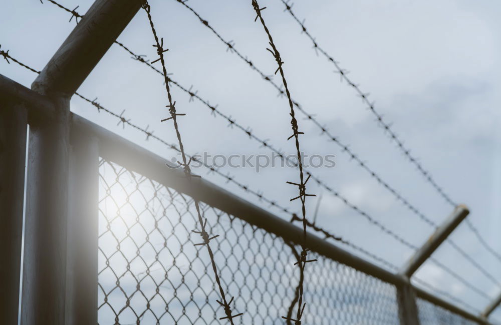 Similar – Prison security fence. Barbed wire security fence. Razor wire jail fence. Barrier border. Boundary security wall. Prison for arrest criminals or terrorists. Private area. Military zone concept.