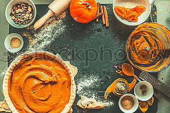 Image, Stock Photo Pumpkin cake preparation with ingredients and kitchen utensils