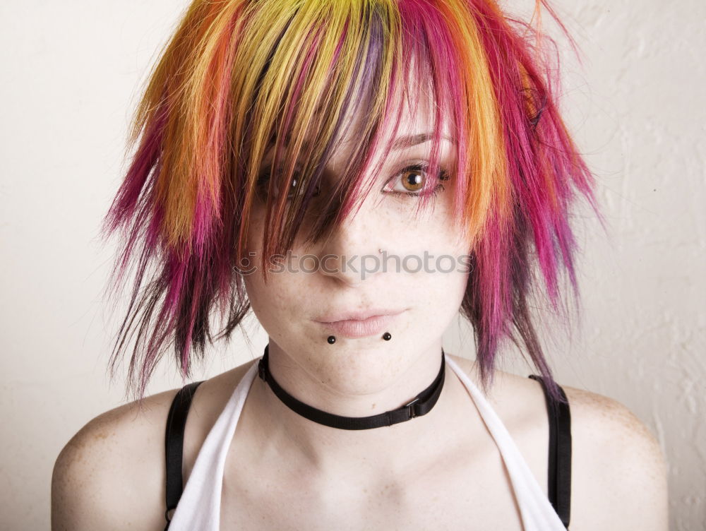 Similar – analog rectangular portrait of young woman with purple hair in front of green steel sheet wall