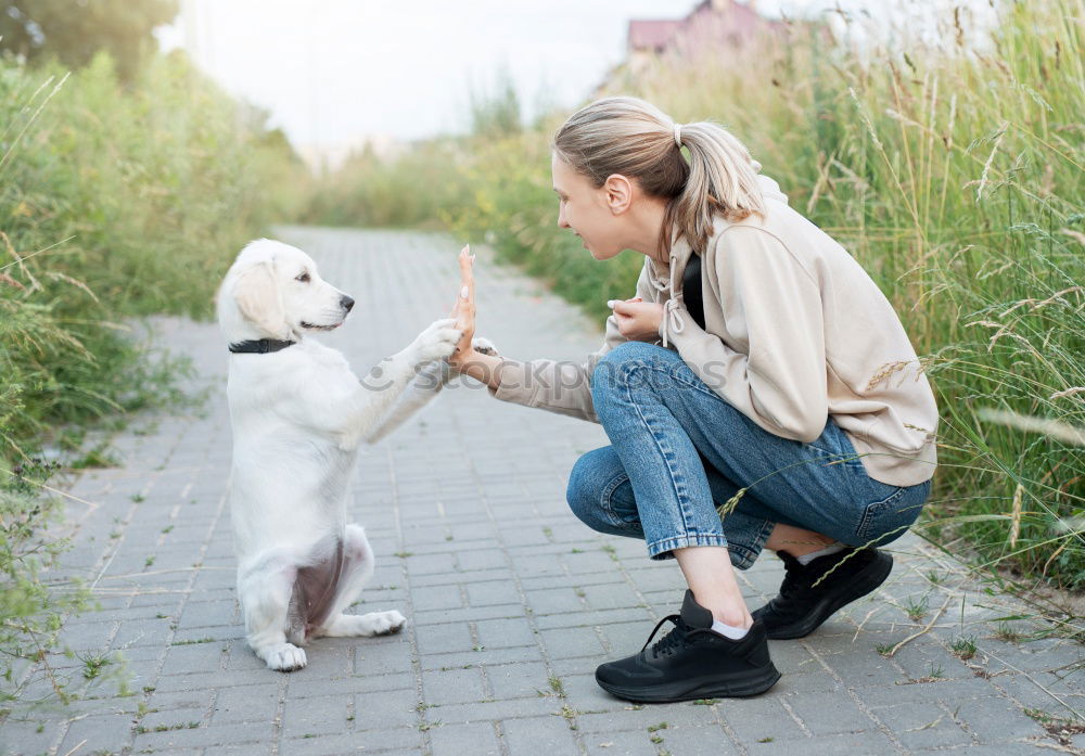 Similar – young woman with long brunette hair squats smiling on a meadow and looks at her dog