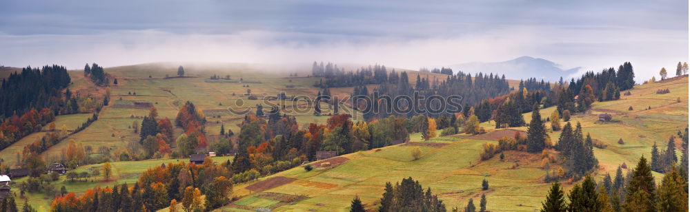 Similar – Image, Stock Photo autumn panorama in mountain hills. Village in October valley