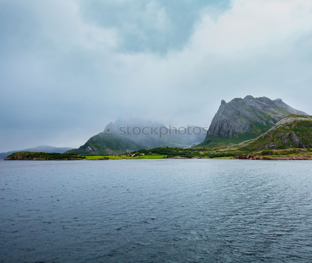 Similar – Image, Stock Photo Norway fjord and lofoten islands. Cloudy Nordic day.